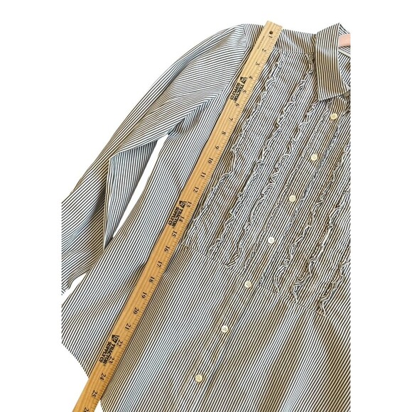 J.Crew Women’s Blue Striped Preppy Tuxedo Ruffle Front Button Down Shirt Blouse - Picture 8 of 10